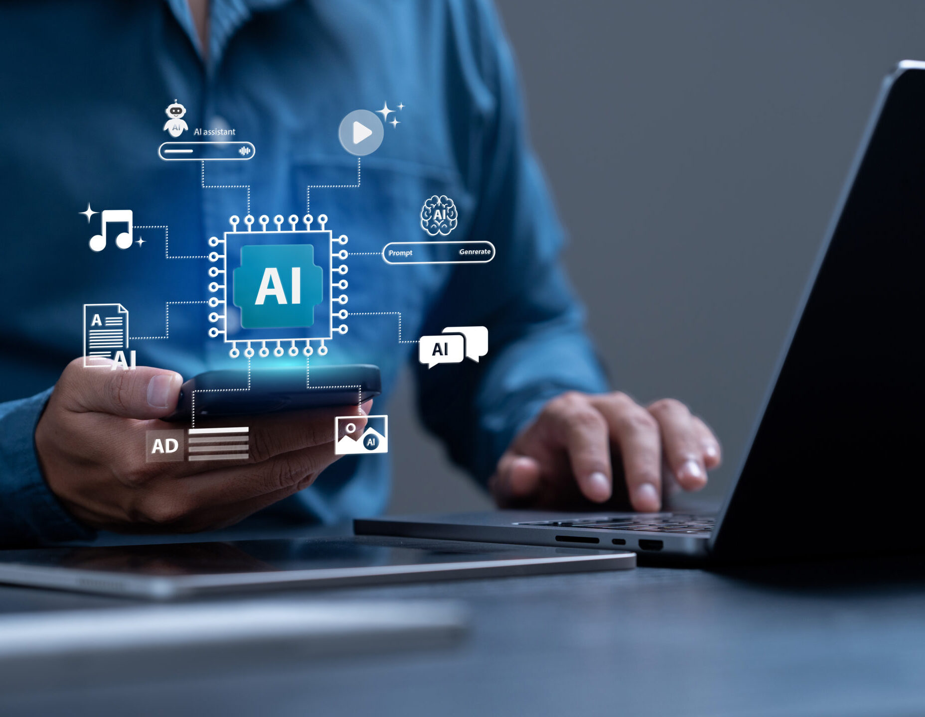 A person uses a smartphone and laptop at a desk, with digital graphics representing AI technology—icons for music, videos, chat, ads, and google mybusiness Reviews—floating above the smartphone.