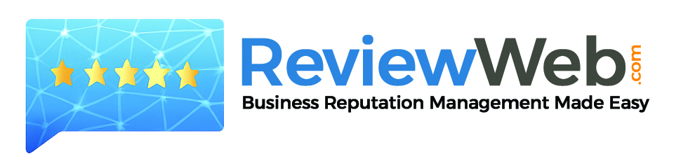 Logo for ReviewWeb.com. A blue speech bubble with four gold stars, symbolizing reviews, is on the left, and the words “ReviewWeb.com Business Reputation Management Made Easy” are on the right in blue, gray, and black text.