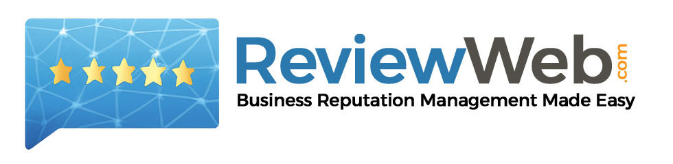 Logo for ReviewWeb, featuring a blue speech bubble with five yellow stars and a network pattern. Next to it, the text says "ReviewWeb.com – Reviews & Business Reputation Management Made Easy.