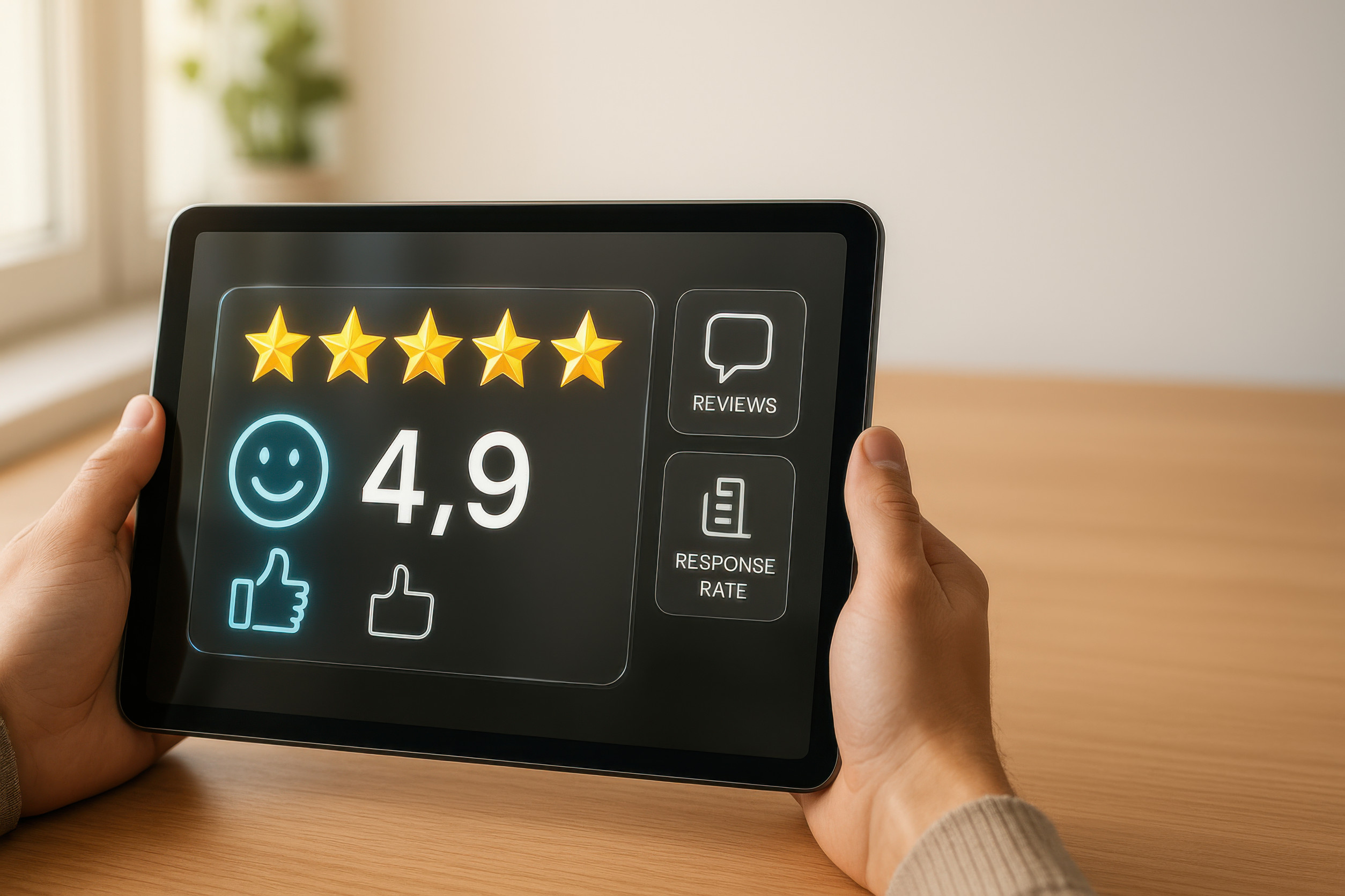 A person holds a tablet displaying customer reviews—five gold stars, a 4.9 rating, a smiling face, thumbs up icon, and options for "Reviews" and "Response Rate"—helping to build trust and increase conversions on a wooden table.