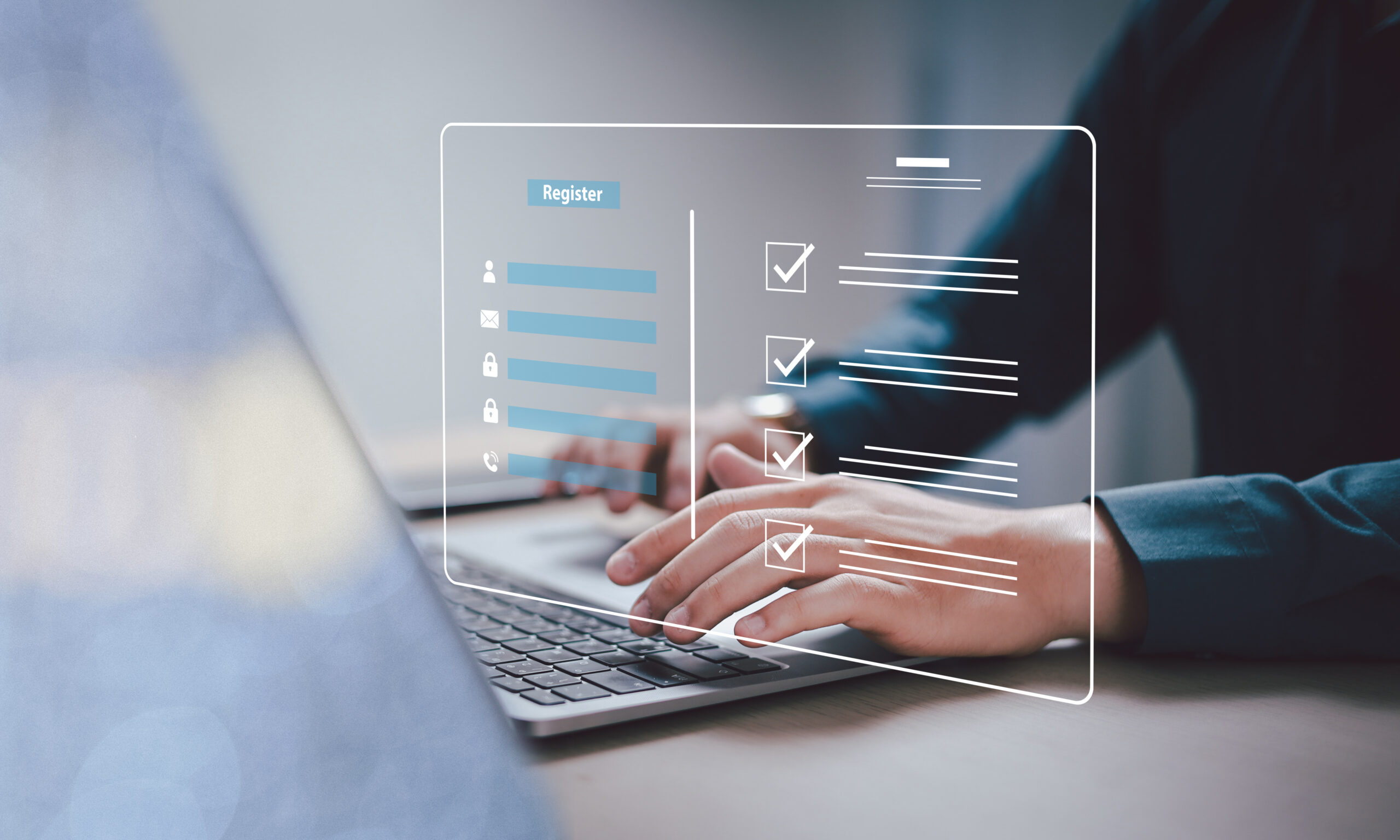 A person typing on a laptop with a digital overlay showing a registration form and checklist, symbolizing online registration or google mybusiness account setup.