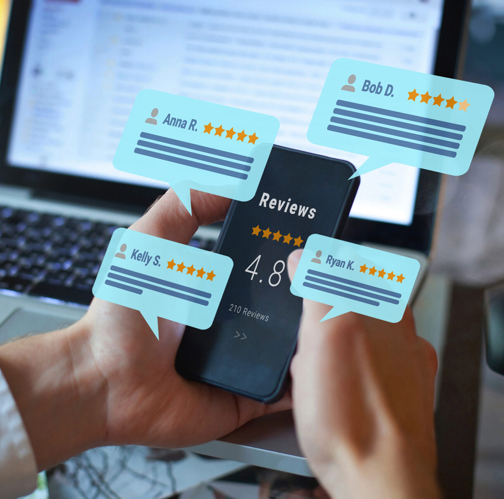 A person holds a smartphone displaying a 4.8-star rating with 210 reviews on Google MyBusiness. Four review bubbles with names and five-star ratings appear, while a laptop is visible in the background.