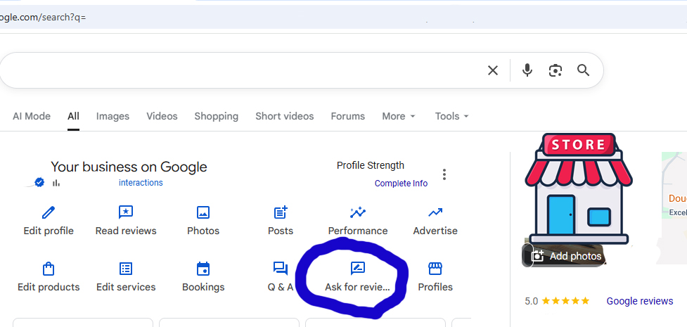 A Google search page for “Your business on Google” displays options like Edit profile, Read reviews, and Photos. The “Ask for reviews” option is circled in blue, helping you find your Google Business review link easily. A store icon appears on the right.
