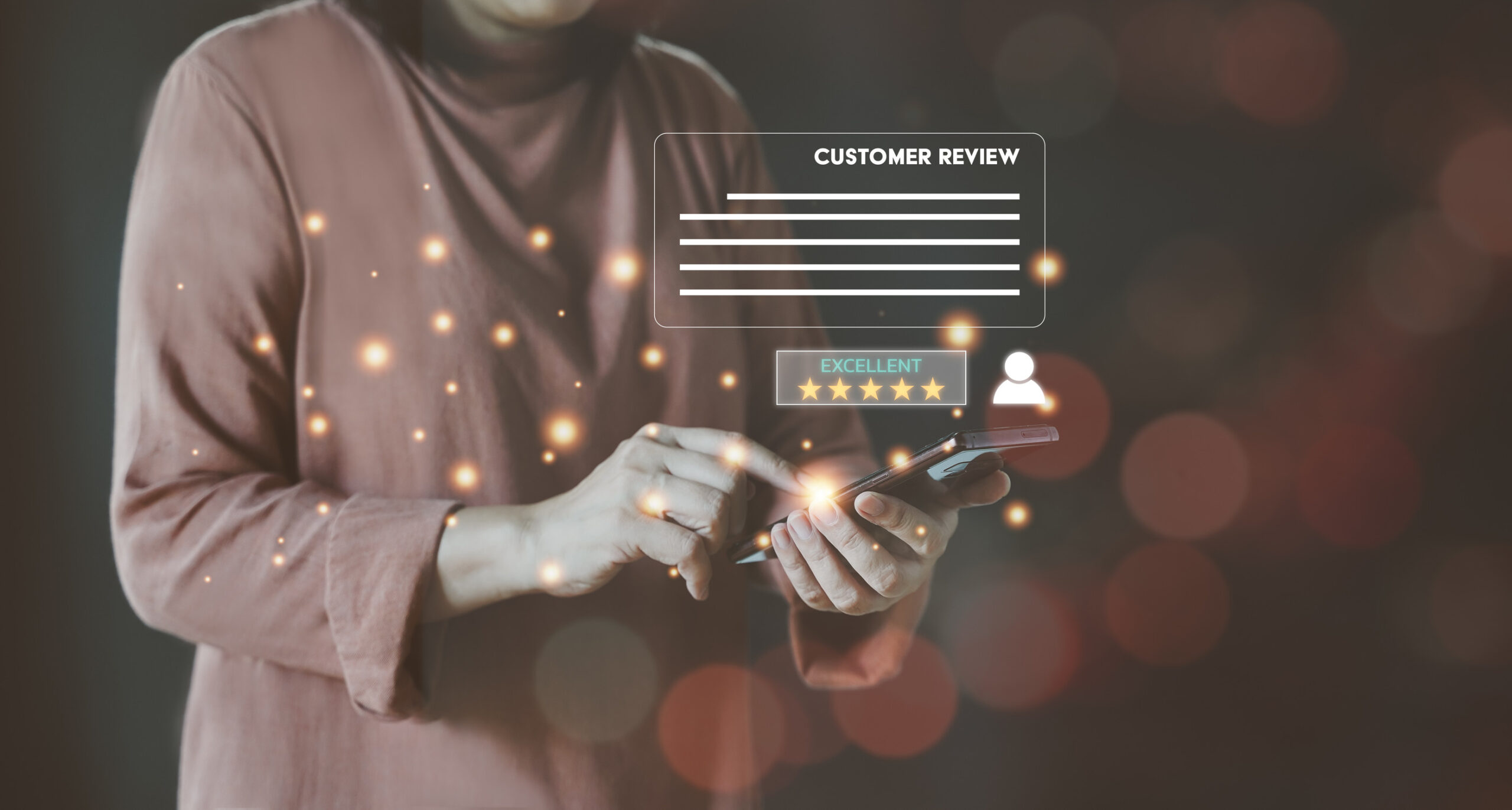 A person wearing a long-sleeve shirt uses a smartphone. Digital graphics show a five-star customer review, the word “EXCELLENT,” and glowing light effects, reflecting positive online feedback and detailed reviews for local businesses.