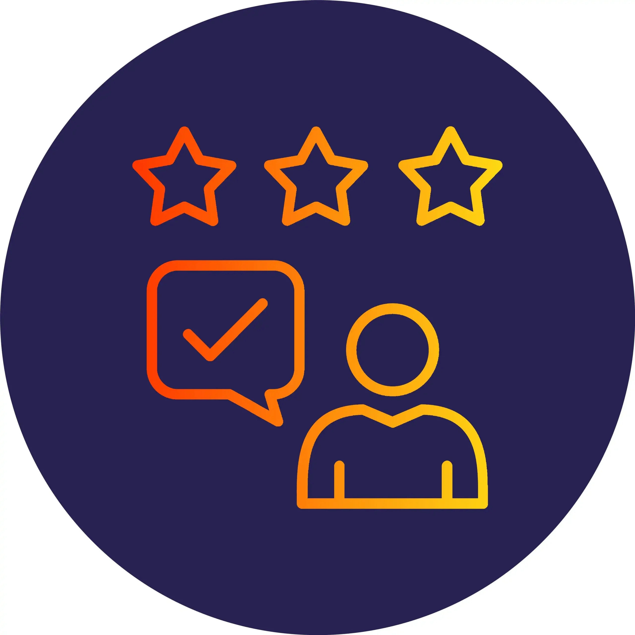 Outline of a person with a speech bubble containing a checkmark and three stars above, all in gradient orange-yellow on a dark blue circular background, symbolizing customer trust and AI-powered review responses.